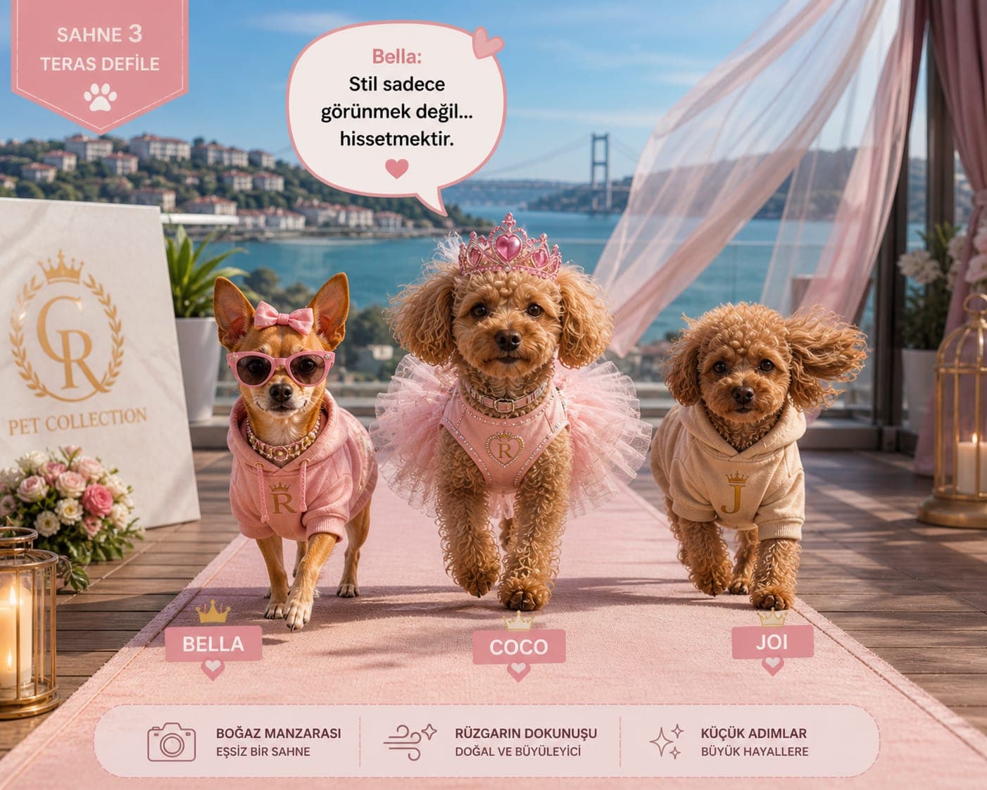 Bella, Coco ve Joi — Boğaz manzaralı pembe runway