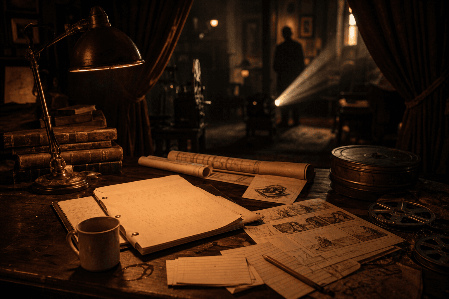 Bir senaristin gece çalışma odası: açık senaryo, storyboard, film makaraları, projektör huzmesi ve uzakta tek bir silüet